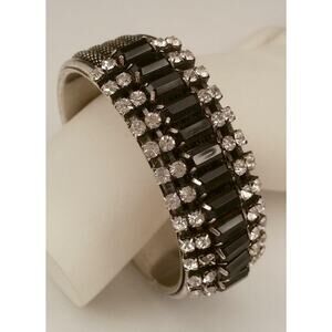 Vintage Large Unusual Rhinestone Chrome Metal Bangle Bracelet W32